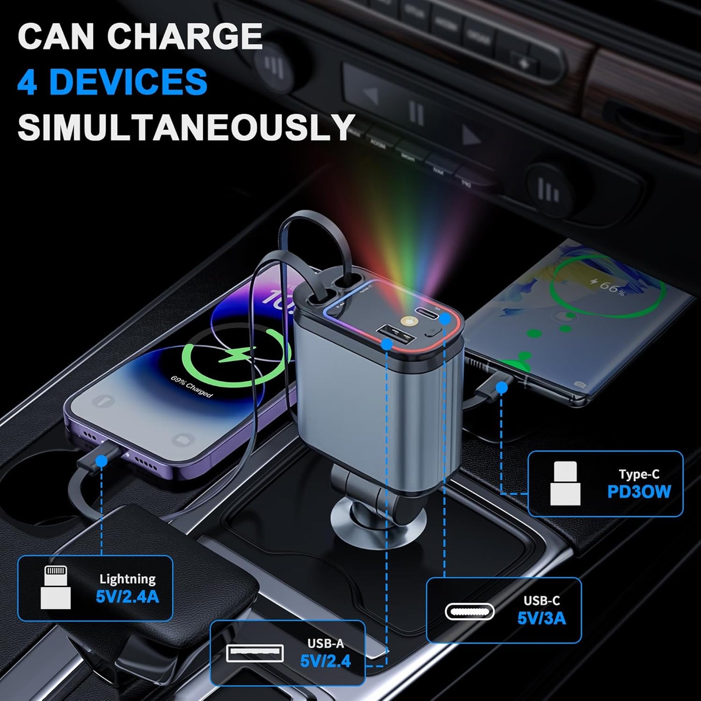 Retractable Star Lights Car Charger,4 in 1 Starlight Fast Phone Car Charging Adapter,Retractable Cables Cord Compatible with iPhone 16/15/14/13/12/11/Pro Max