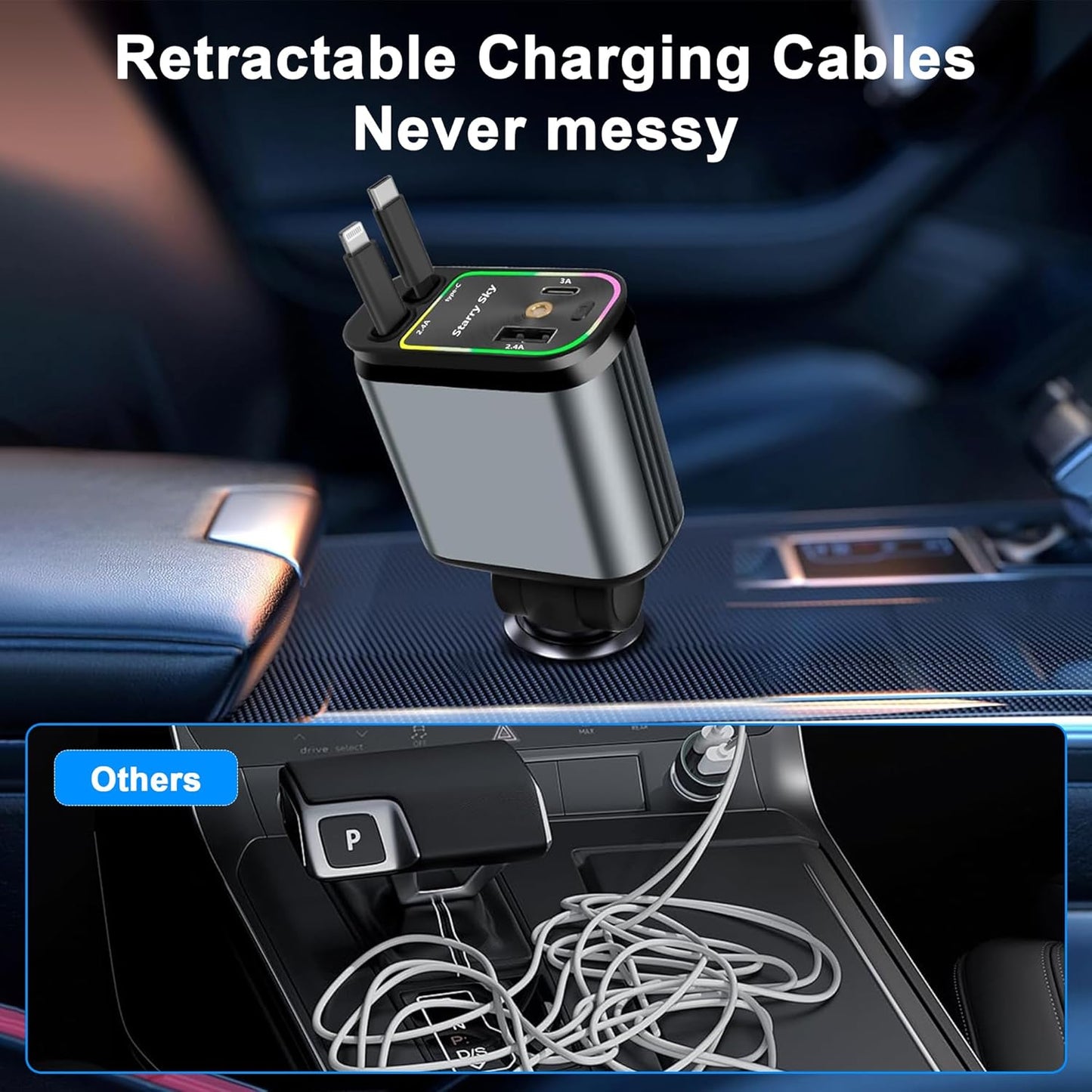 Retractable Star Lights Car Charger,4 in 1 Starlight Fast Phone Car Charging Adapter,Retractable Cables Cord Compatible with iPhone 16/15/14/13/12/11/Pro Max